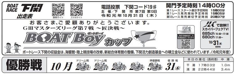 【下関競艇予想（10/31）】G3マスターズリーグ第７戦〜匠決戦〜（2019）最終日の買い目はコレ！